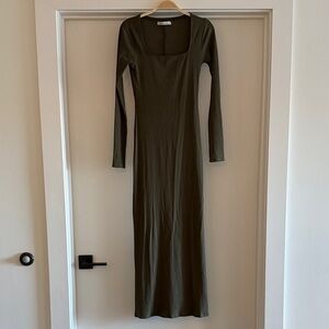 Olive Green Long-Sleeve square neck Maxi Dress